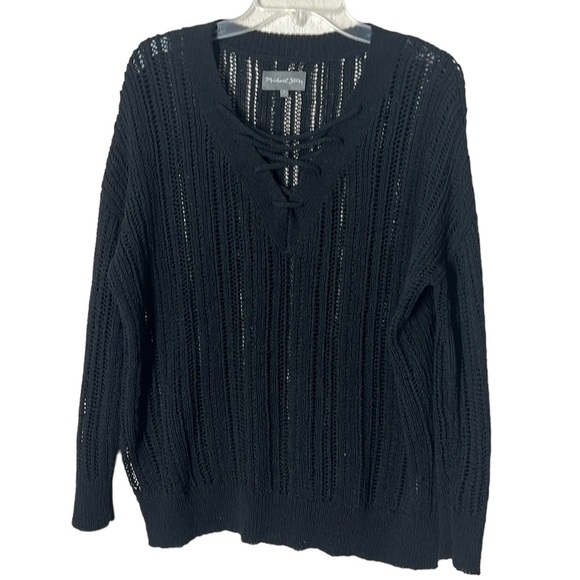 Michael Stars Black Knit Summer Sweater. LS. Lace up collar. SzM EUC. Lagenlook - Picture 1 of 8